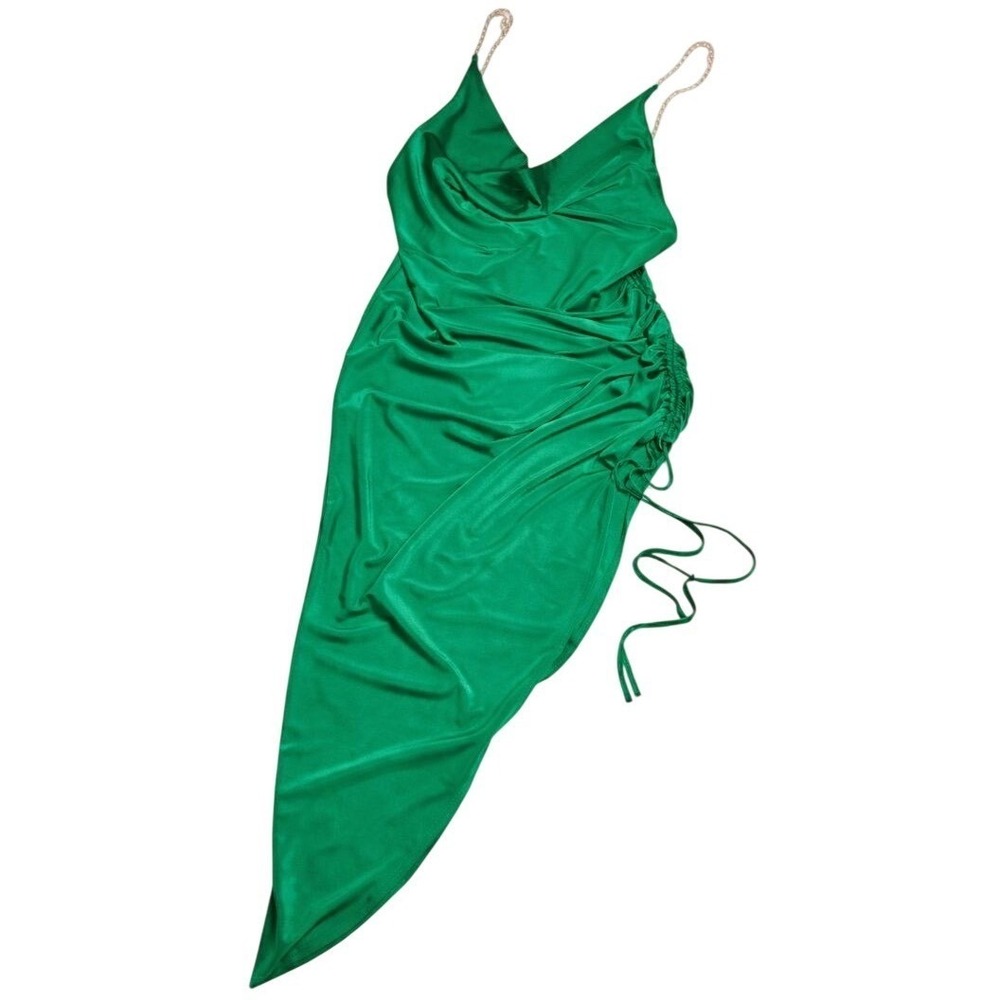 Emerald Green Ruched-Cowl Neck Chain Straps Date Night Cocktail Midi Dress Sz‎ L